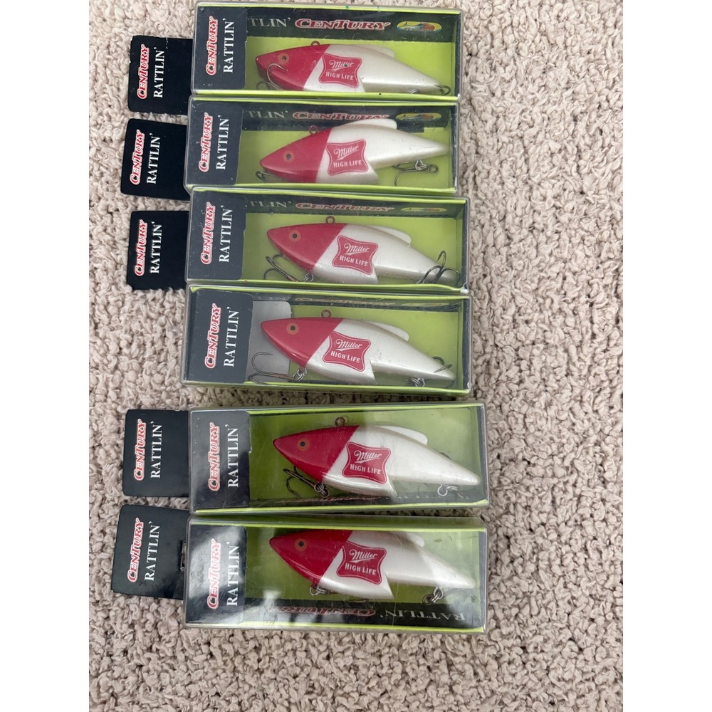 Lot of 6 Century Rattlin Miller High Life Beer Fishing Lures Red White Lipless
